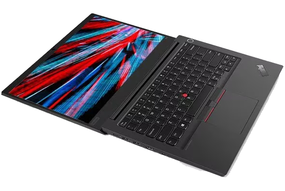 Foto van de Lenovo ThinkPad E14, vlak opengevouwen, met toetsenbord en beeldscherm zichtbaar