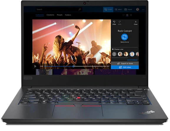 Vooraanzicht van de Lenovo ThinkPad E14, terwijl op het beeldscherm een rockconcert zichtbaar is