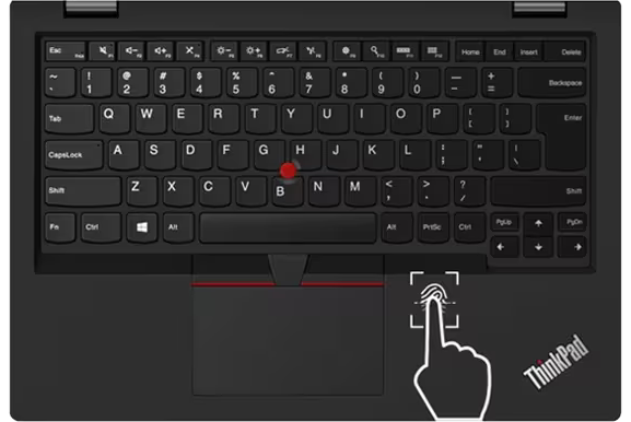 Lenovo ThinkPad L390 - Business laptop open, revealing secure fingerprint reader